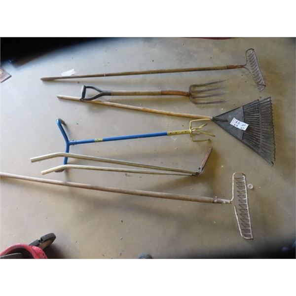 6 Yard Tools - 3 Rakes, Garden Claw, Clipper, & Potato Fork