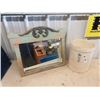 Image 1 : Painted Wood Framed Bevelled Mirror 19" x 33" & 2 Gal Sunburst Crock