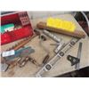 Image 2 : Carpenters Box w Related tools, Nail Puller Hammer, Drill Bits, Level, Trowsl, & Tape Measure