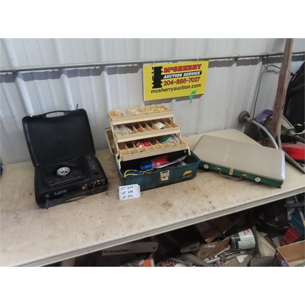 Fishing Rackle Box - 1/2 Full, 2 Gas Camping Stoves