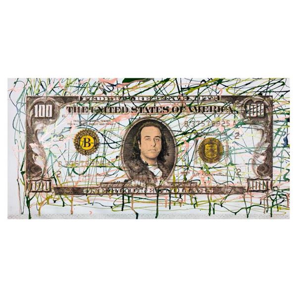 Steve Kaufman (1960-2010) "Kaufman $100" Hand Signed Limited Edition Hand Pulled silkscreen Mixed Me