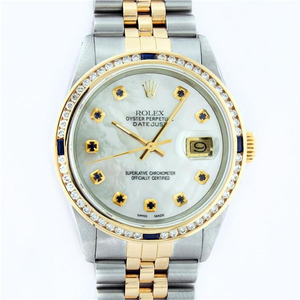 Rolex Mens 2 Tone MOP Sapphire Diamond Channel Set Datejust Wristwatch