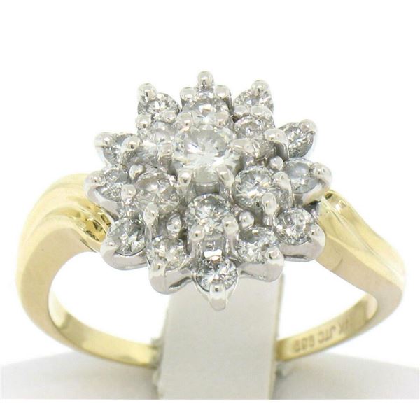 14k Solid Two Tone Gold Wavy Shank Round 1.10 ctw FIERY Diamond Cluster Ring