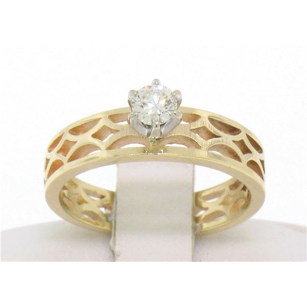 Estate 14k Solid Yellow Gold Solitaire Diamond Ring with Pierced Open Work Look