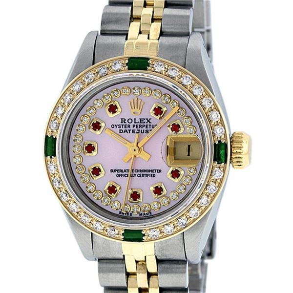 Rolex Ladies 2 Tone Pink MOP Ruby & Emerald 26MM Datejust Wriswatch