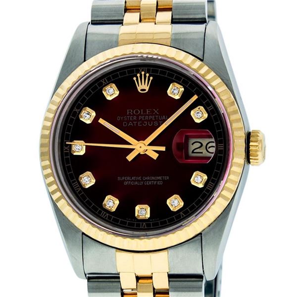 Rolex Mens 2 Tone Red Vignette Diamond 36MM Oyster Perpetual Datejust Wriswatch