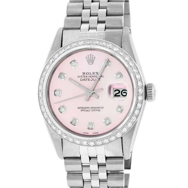 Rolex Mens Stainless Steel Pink Diamond Oyster Perpetual Datejust Wristwatch