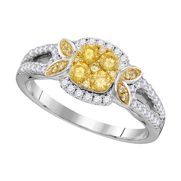 Round Yellow Diamond Square Cluster Ring 3/4 Cttw 14KT White Gold