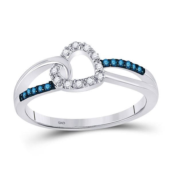 Round Blue Color Enhanced Diamond Captured Heart Ring 1/10 Cttw 10KT White Gold