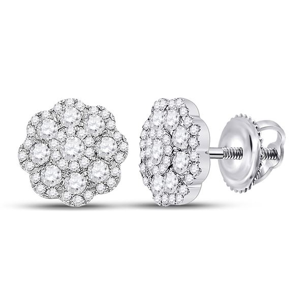 Round Diamond Flower Cluster Earrings 1 Cttw 14KT White Gold