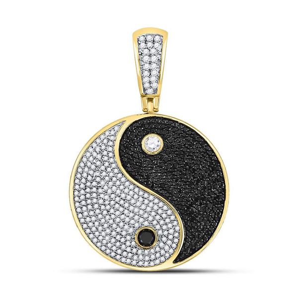 Round Black Color Enhanced Diamond Yin Yang Charm Pendant 1-3/4 Cttw 10KT Yellow Gold