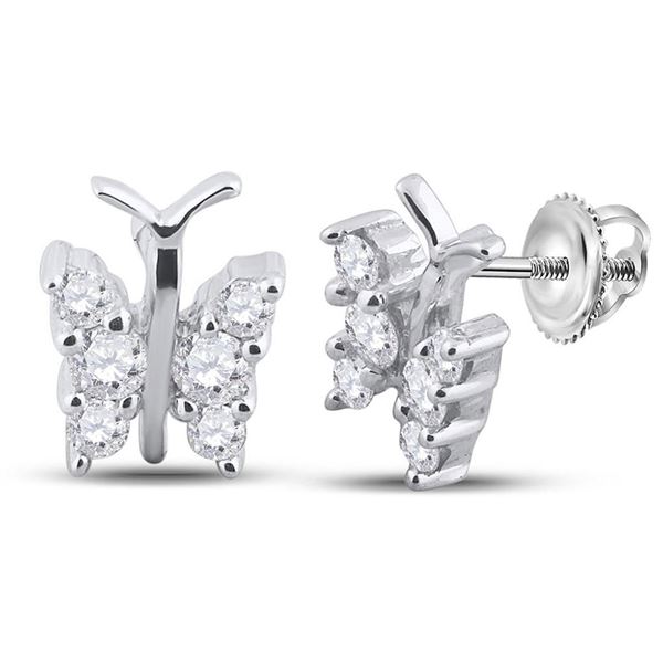Round Diamond Butterfly Bug Earrings 1/3 Cttw 14KT White Gold