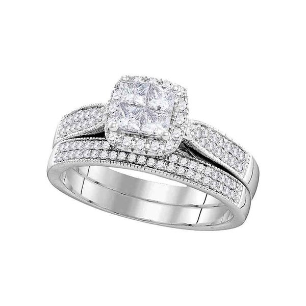 Halo Bridal Wedding Ring Band Set 3/4 Cttw 14KT White Gold