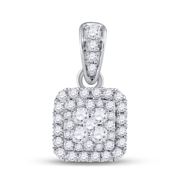 Round Diamond Square Cluster Pendant 1/2 Cttw 14KT White Gold