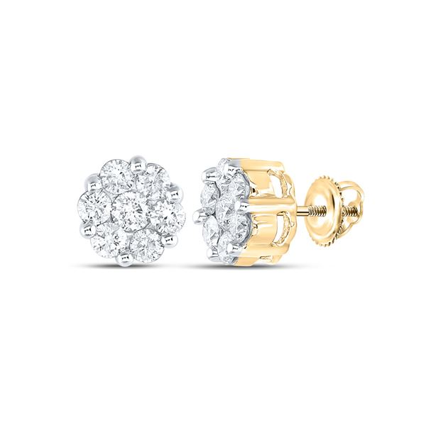 Round Diamond Flower Cluster Earrings 1-1/2 Cttw 14KT Yellow Gold