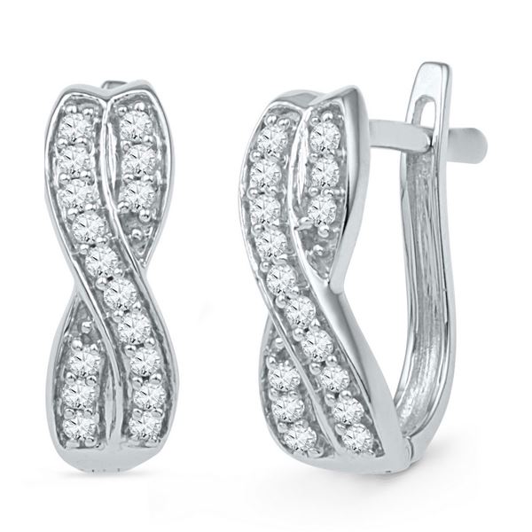Round Diamond Double Row Crossover Hoop Earrings 1/5 Cttw 10KT White Gold