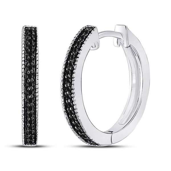 Round Black Color Enhanced Diamond Hoop Earrings 1/10 Cttw 10KT White Gold