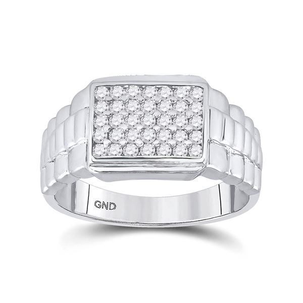 Round Diamond Rectangle Cluster Ribbed Ring 1/2 Cttw 10KT White Gold