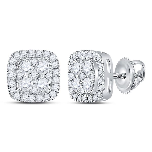 Round Diamond Square Cluster Earrings 7/8 Cttw 14KT White Gold