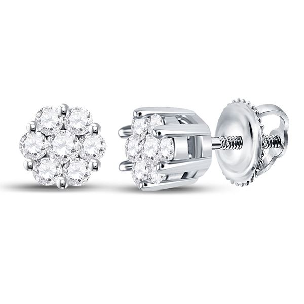 Round Diamond Flower Cluster Earrings 1/4 Cttw 14KT White Gold
