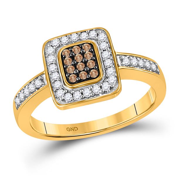 Round Brown Diamond Square Cluster Ring 1/3 Cttw 10KT Yellow Gold