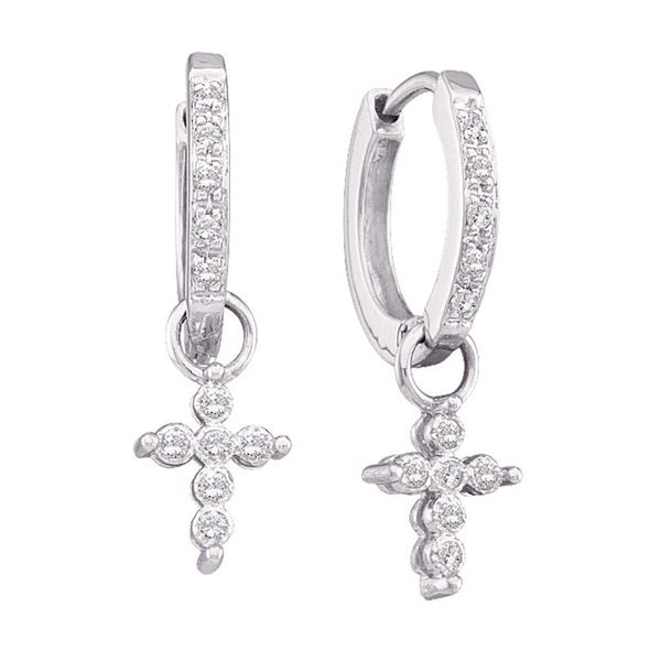 Round Diamond Cross Dangle Hoop Earrings 1/10 Cttw 10KT White Gold