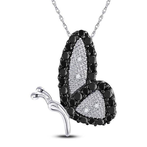 Round Black Color Enhanced Diamond Butterfly Bug Pendant 1/4 Cttw 10KT White Gold