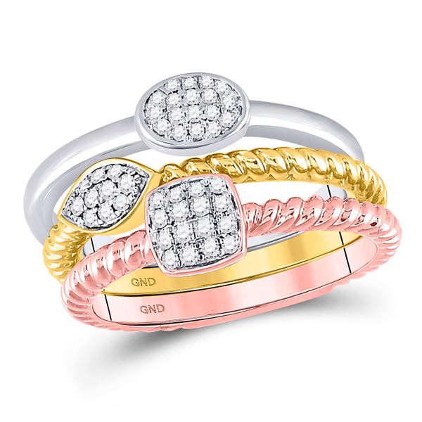 Round Diamond Trio Stackable Band Ring Set 1/5 Cttw 10KT Tri-Tone Gold