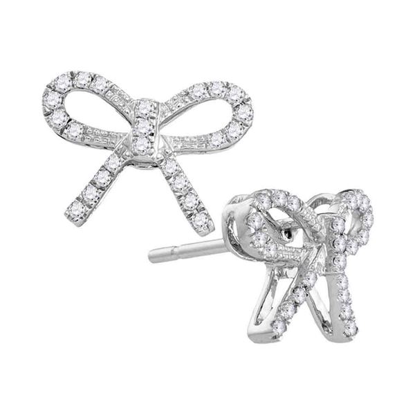 Round Diamond Ribbon Bow Fashion Earrings 1/5 Cttw 10KT White Gold