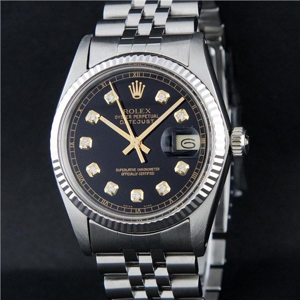 Rolex Mens Stainless Steel 36MM Black Diamond Datejust Wristwatch