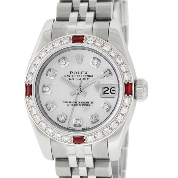 Rolex New Style Ladies 26 Mother Of Pearl Diamond And Ruby Datejust Oyster Perpe