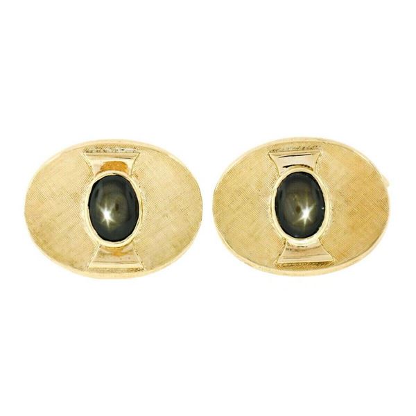 Vintage Men's 18kt Gold Oval Brown Star Sapphire Florentine Cuff Links