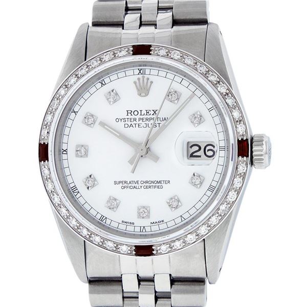 Rolex Mens Stainless Steel White Diamond & Ruby 36MM Datejust Wristwatch