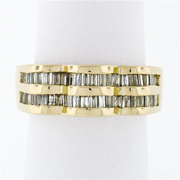 14k Yellow Gold .95 ctw Baguette Cut Diamond Wavy Grooved Dual Row Band Ring