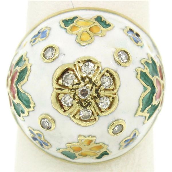 Antique 14K Yellow Gold Diamond White Blue Green Yellow Enamel Dome Floral Ring