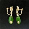 Image 2 : Estate 14kt Yellow Gold Oval Disk Jade Screw On Drop Dangle Earrings