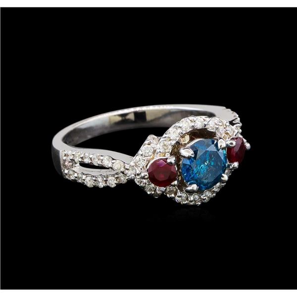 14KT White Gold 1.03 ctw Fancy Blue Diamond and Ruby Ring