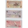 Image 2 : 1986 Canadian 2 Dollar Bill, 1989 10 Dollar Bill, 1988 50 Dollar Bill - 3 Bills