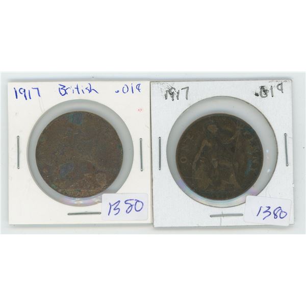 2 X 1917 British Pennies