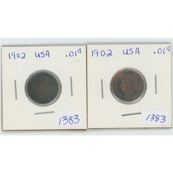2 X 1902 American 1 Cent Coins