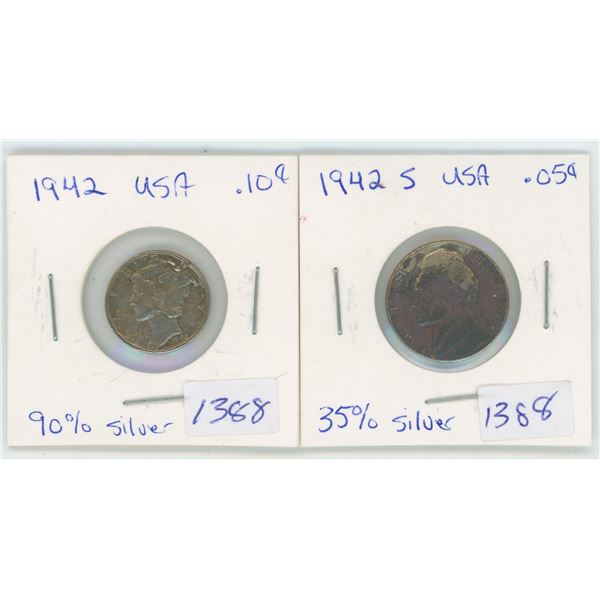 1942 5 Cent & 10 Cent USA Coins