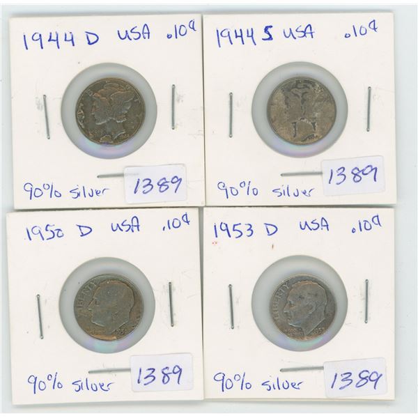 1944 S & D 10 Cent Coins & 1950 &53 D 10 Cent Coins