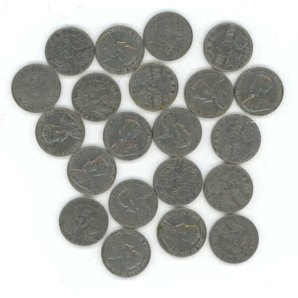 Lot of 21 1922-1936 CDN 5 cent