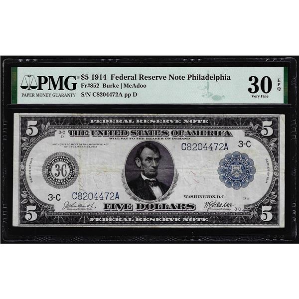 1914 $5 Federal Reserve Note Philadelphia Fr.852 PMG Very Fine 30EPQ
