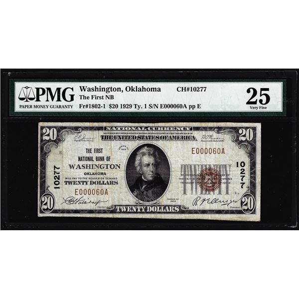 1929 $20 First NB of Washington, OK CH# 10277 National Currency Note PMG Very Fine 25