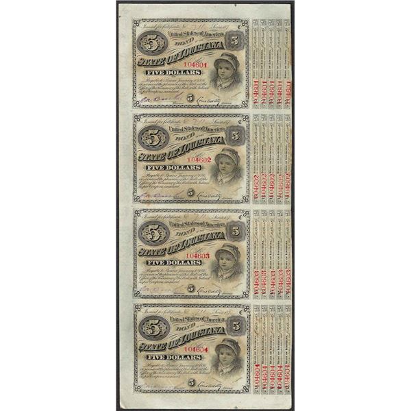 Uncut Sheet of (4) State of Louisiana Baby Bond Obsolete Notes