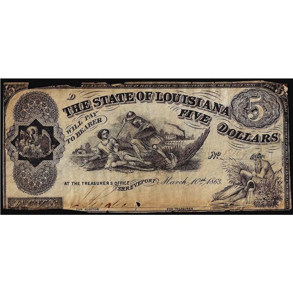 1863 $5 The State of Louisiana Baton Rouge, LA Obsolete Banknote