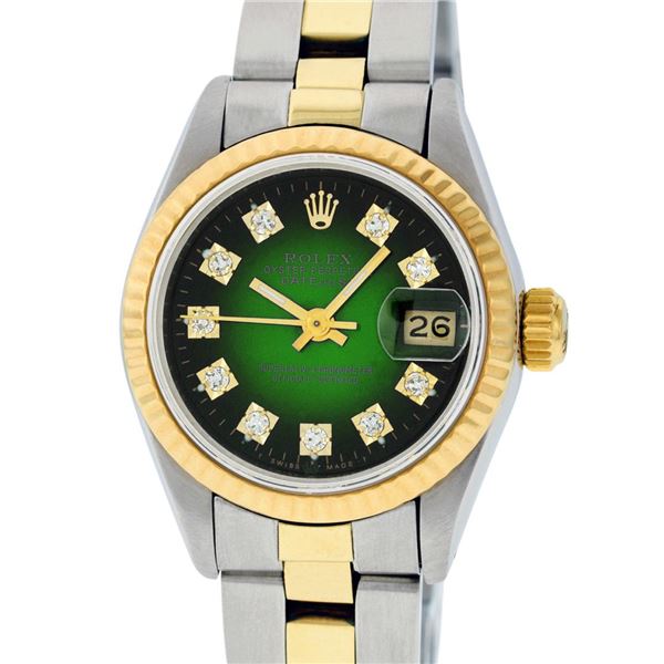 Rolex Ladies Two Tone Green Vignette Diamond Oyster Perpetual Datejust Wristwatch