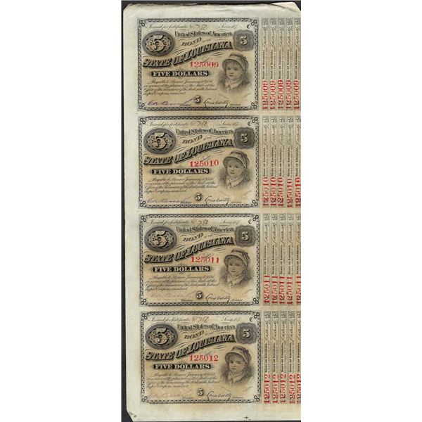 Uncut Sheet of (4) State of Louisiana Baby Bond Obsolete Notes