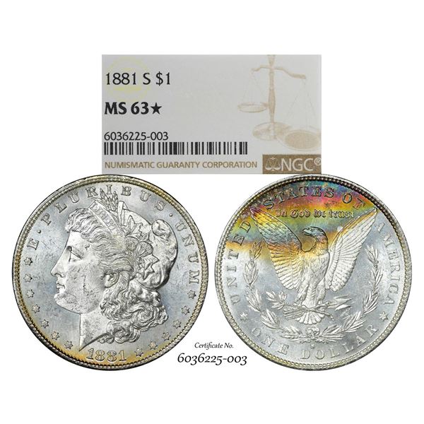 1881-S $1 Morgan Silver Dollar Coin NGC MS63* Star Amazing Toning